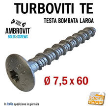 Carica l'immagine nel visualizzatore di Gallery, Viti per calcestruzzo TMT TX con rinforzo e filetto speciale TRILOW 07082 AMbrovit spa cemento armato CLS vite testa piana cilindrica larga bombata flangiata diametro 7,5mm TURBOVITE TURBOVITI Lunghezza 6cm 60mm TORX TX30 Ean: 8032975306803 07082 7,5X60