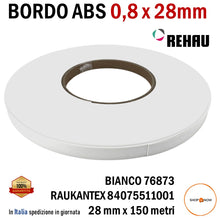 Carica l'immagine nel visualizzatore di Gallery, BORDO ABS SPESSORE 0,8 MM x ALTEZZA 28 MM IN ROTOLO REHAU 76873 BIANCO IN ROTOLO bianco premium senza colla per bordatrice bordare pannelli nobilitati per falegnami falegnameria lavorazione legno