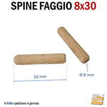 Carica l'immagine nel visualizzatore di Gallery, SPINE FAGGIO STRIATE D 8X30MM TASSELLO IN LEGNO PER MOBILI SPINA LEGNO tassello d8x30mm lunghezza 3cm per uso professionale - falegnameria montaggio mobili