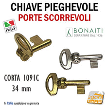 Carica l'immagine nel visualizzatore di Gallery, CHIAVE SNODATA PIEGHEVOLE PER SERRATURE A GANCIO PER PORTE SCORREVOLI BONAITI 1091C OTTONE NICHEL OTTONATA NICHELATA CROMATA CORTA adatta per serrature per porte scorrevoli scrigno invisibili 1091C 4C1091C0P3