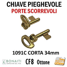 Carica l'immagine nel visualizzatore di Gallery, CF8 CHIAVE SNODATA PIEGHEVOLE N8 standard PER SERRATURE A GANCIO PER PORTE SCORREVOLI BONAITI 1091C Ottone Ottonata Lucida CORTA adatta per serrature per porte scorrevoli scrigno invisibili ottonata