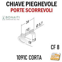 Carica l'immagine nel visualizzatore di Gallery, CF8 CHIAVE SNODATA PIEGHEVOLE N8 standard PER SERRATURE A GANCIO PER PORTE SCORREVOLI BONAITI 1091C Ottone Ottonata Lucida CORTA adatta per serrature per porte scorrevoli scrigno nichel