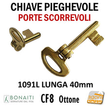 Carica l'immagine nel visualizzatore di Gallery, CHIAVE PIEGHEVOLE SNODATA X SERRATURE A GANCIO X PORTE SCORREVOLI BONAITI CF8 PATENT LUNGA 1091L ottone 4C1091L033 chiavi ottonate
