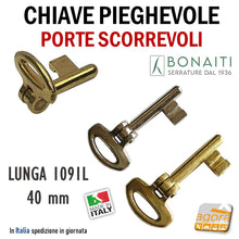Carica l'immagine nel visualizzatore di Gallery, CHIAVE PIEGHEVOLE SNODATA X SERRATURE A GANCIO X PORTE SCORREVOLI BONAITI CF8 PATENT LUNGA 1091L ottone nichel 4C1091L0P3 4C1091L033