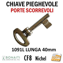 Carica l'immagine nel visualizzatore di Gallery, CHIAVE PIEGHEVOLE SNODATA X SERRATURE A GANCIO X PORTE SCORREVOLI BONAITI CF8 PATENT LUNGA 1091L chiavi nichel 4C1091L0P3
