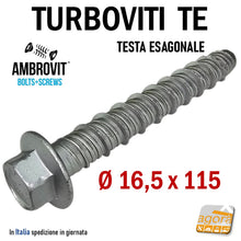 Carica l'immagine nel visualizzatore di Gallery, VITI X CLS CALCESTRUZZO TURBOVITE DIAMETRO 16,5 FORO 14MM TESTA CHIAVE 18 CEMENTO ARMATO AMBROVIT 07070 16X115MM 12CM GROSSA VITE TESTA ESAGOMALE PIATTA