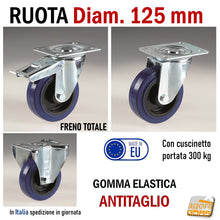 Carica l'immagine nel visualizzatore di Gallery, ruota x carrelli ruota per carrello in gomma elastica blu alta portata antitraccia antimacchia antitaglio diametro 125mm piastra grande 120x85 117x85mm fori interasse 80x60mm alta portata pesante con freno senza freno fissa girevole cuscinetti a sfera e rulli