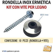 Carica l'immagine nel visualizzatore di Gallery, KIT PER ESTERNO fissaggio coperture metalliche policarbonato tetto tetti RONDELLA ERMETICA IN ACCIAIO INOX DIAMETRO Ø25MM COMPLETA DI VITE MORDENTE LEGNO TE 50MM su listelli di legno