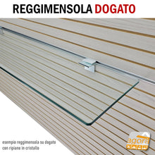 Carica l'immagine nel visualizzatore di Gallery, reggimensola supporto per mensola in vetro cristallo ripiano ripiani in vetro per doga dogato canalina orizzontale negozi negozio esposizione attrezzaggio parete