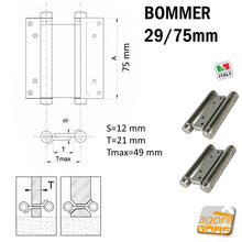 Carica l'immagine nel visualizzatore di Gallery, Disegno schema tecnico Cerniera a molla doppia azione Bommer 29/75 mm finitura nichelata per porte saloon e porte interne basculanti