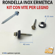 Carica l'immagine nel visualizzatore di Gallery, KIT PER ESTERNO fissaggio coperture metalliche policarbonato tetto tetti RONDELLA ERMETICA IN ACCIAIO INOX DIAMETRO Ø25MM COMPLETA DI VITE MORDENTE LEGNO TE 50MM gomma elastica inox A2 rondella larga