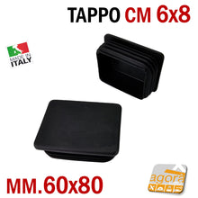 Carica l'immagine nel visualizzatore di Gallery, TAPPO RETTANGOLARE mm 60x80 NERO PUNTALE PLASTICA cm 6x8 SOTTOPIEDE ALETTATO TAPPI NERI 80x60mm cm 8x6 inserto per tubolari giardino carpenteria