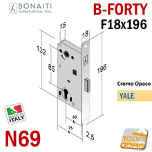 Carica l'immagine nel visualizzatore di Gallery, SERRATURA PORTA INTERNA MAGNETICA B-FORTY BONAITI N69 YALE FRONTALE 18X196MM E50 I85 misure