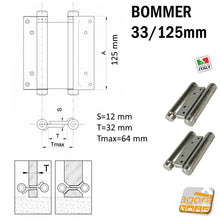 Load image into Gallery viewer, Disegno schema tecnico Cerniera a molla doppia azione Bommer 33/125 mm finitura nichelata per porte saloon e porte interne basculanti