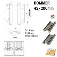 Carica l'immagine nel visualizzatore di Gallery, Disegno schema tecnico Cerniera a molla doppia azione Bommer 42/200 mm per porte saloon e porte interne basculanti altezza 20cm