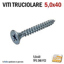 Carica l'immagine nel visualizzatore di Gallery, VITI TRUC TESTA TPS 5,0 X 40 ZINCATA Vite in acciaio zincato bianco filetto truciolare testa piana svasata inserto a croce pozidrive filetto totale PZ2
