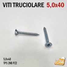 Carica l'immagine nel visualizzatore di Gallery, VITI TRUC TESTA TPS 5,0 X 40 ZINCATA Vite in acciaio zincato bianco filetto truciolare testa piana svasata inserto a croce pozidrive filetto totale PZ2 testa diametro 10 mm