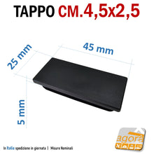 Carica l'immagine nel visualizzatore di Gallery, TAPPO RETTANGOLARE mm 25x45 NERO PUNTALE PLASTICA cm 2,5x4,5 SOTTOPIEDE ALETTATO TAPPI NERI 45x25mm tappino con alette per tubolari giardino