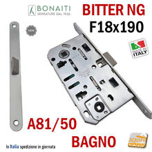 Carica l'immagine nel visualizzatore di Gallery, SERRATURA BONAITI MONETA BAGNO WC LIBERO-OCCUPATO F18X190 CROMO OPACO ARGENTO BITTER A81 Entrata 50 mm Interasse 96 mm quadro 6x6 linguetta centrale plastica NEW GENERATION 48A810509E