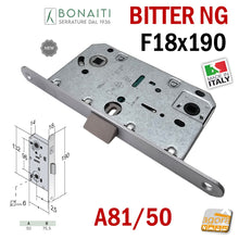 Carica l'immagine nel visualizzatore di Gallery, SERRATURA BONAITI MONETA BAGNO WC LIBERO-OCCUPATO F18X190 CROMATO OPACO ARGENTO BITTER A81 Entrata 50 mm Interasse 96 mm quadro 6x6 linguetta centrale plastica NEW GENERATION 48A810509E