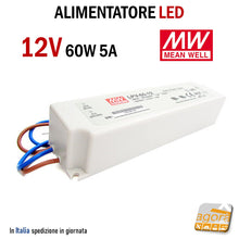 Load image into Gallery viewer, ALIMENTATORI PER STRIP LED 12V 60W 5A MeanWell LPV-60-12 IP67 EAN:4021087006873 WATERPROOF 240V USCITA COSTANTE 12V 60W MW driver resistente all'acqua per esterno silenzioso