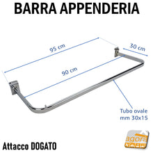 Carica l'immagine nel visualizzatore di Gallery, attrezzatura esposizione parete dogata negozio abbigliamento vestiti accessori negozio con pannelli dogati con doga alluminio o plagtica in orizzontale. barra appenderie a sbalzo lunga 90cm 95cm cromata 900mm