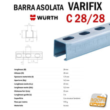 Carica l'immagine nel visualizzatore di Gallery, BARRA ASOLATA PROFILATO A C VARIFIX 28/28 WURTH IMPIANTI ELETTRICI IDRAULICI FORATA IN ACCIAIO ZINCATO mm 28x28 profilati di sostegno lunghezza metri 3 mt