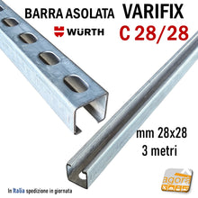 Carica l'immagine nel visualizzatore di Gallery, BARRA ASOLATA PROFILATO A C VARIFIX 28/28 WURTH IMPIANTI ELETTRICI IDRAULICI FORATA IN ACCIAIO ZINCATO mm 28x28 profilati di sostegno lunghezza 300 cm zincata con fori asolati