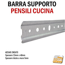 Carica l'immagine nel visualizzatore di Gallery, barra fissaggio agganci per supporto pensili cucina aggancio a barra attaccaglia ferramente x mobili barra forata asolata fissaggio pensile a parete muro 2 metri acciaio zincato H48mm