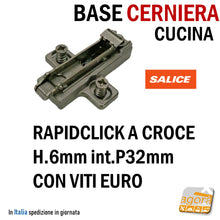 Carica l'immagine nel visualizzatore di Gallery, BASE BASETTA PER CERNIERE SALICE DOMI RAPIDCLICK H6MM DUOMATIC H 6 BARGR69/16 EAN: 8053468003306 A CROCE CON VITI EURO LUNGHE PREMONTATE A INNESTO RAPIDO ALTA BASI CERNIERA