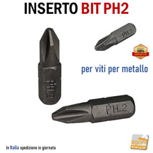 Carica l'immagine nel visualizzatore di Gallery, INSERTO BIT PH2 PER VITI METALLO 1/4"x25mm PHILIPS HQ PER AVVITATORE