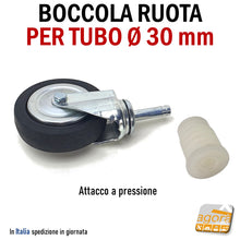 Carica l'immagine nel visualizzatore di Gallery, BOCCOLA PER TUBO D30MM PER RUOTE CON PERNO LISCIO CALETTATO FORO 10MM NYLON BIANCA x tubo tondo tubi rotondi inserto a pressare stender carrelli ruota calettata boccole