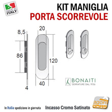 Carica l'immagine nel visualizzatore di Gallery, MANIGLIA PER PORTA SCORREVOLE SCRIGNO BOCCHETTA OVALE WC BAGNO BONAITI NON 120x40 Foro 86x20 Cr.Sat maniglietta porte scorrevoli incasso senza viti foro ovale moneta libero occupato quadrotto 8x8 nottolino