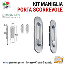 Carica l'immagine nel visualizzatore di Gallery, MANIGLIA PER PORTA SCORREVOLE SCRIGNO BOCCHETTA OVALE WC BAGNO BONAITI NON 120x40 Foro 86x20 Cr.Sat maniglietta porte scorrevoli incasso senza viti foro ovale moneta libero occupato quadro 8x8 4XNON000U7