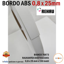 Carica l'immagine nel visualizzatore di Gallery, bordo abs in rotolo senza colla per bordatrice pannelli legno nobilitati REHAU bianco premium 76873 spessore 0,8mm altezza 25mm RAUKANTEX 84075511001 150 metri 8/10 0,8x25 bordi pannello EAN 4068767527204
