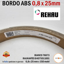 Carica l'immagine nel visualizzatore di Gallery, bordo abs in rotolo senza colla per bordatrice pannelli legno nobilitati REHAU bianco premium 76873 spessore 0,8mm altezza 25mm RAUKANTEX 84075511001 150 metri 8/10 0,8x25 bordi pannello EAN 4068767527204 originale alta qualità