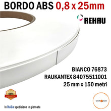 Carica l'immagine nel visualizzatore di Gallery, bordo abs in rotolo senza colla per bordatrice pannelli legno nobilitati REHAU bianco premium 76873 spessore 0,8mm altezza 25mm RAUKANTEX 84075511001 150 metri 8/10 0,8x25 bordi pannello