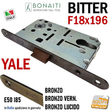 Load image into Gallery viewer, Serratura Porta Bonaiti B- Bitter T69 meccanica YALE eurocilindro scrocco centrale plastica Frontale 196x18mm F18x196 Entrata 50mm Interasse 85mm 48T69050 Bronzo bronzata bronzo opaco bronzo lucido bronzo satinato verniciato