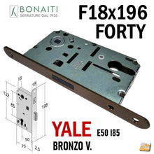 Carica l'immagine nel visualizzatore di Gallery, SERRATURA PORTA INTERNA MAGNETICA FORTY BONAITI N69 YALE FRONTALE 18X196MM E50 I85 BRONZO frontale 196x18 entrata 5cm per cilindri intercambiabili 48N69050+3 BRONZATA VERNICIATA