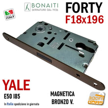 Carica l'immagine nel visualizzatore di Gallery, SERRATURA PORTA INTERNA MAGNETICA FORTY BONAITI N69 YALE FRONTALE 18X196MM E50 I85 BRONZO frontale 196x18 entrata 5cm per cilindri intercambiabili 48N69050+E BRONZATA