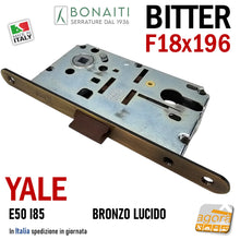 Load image into Gallery viewer, Serratura Porta Bonaiti B- Bitter T69 meccanica YALE eurocilindro scrocco centrale plastica Frontale 196x18mm F18x196 Entrata 50mm Interasse 85mm 48T69050/3 48T69050/E Bronzo Lucido Bronzata satinata lucida