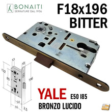 Load image into Gallery viewer, Serratura Porta Bonaiti B- Bitter T69 meccanica YALE eurocilindro scrocco centrale plastica Frontale 196x18mm F18x196 Entrata 5cm Interasse 85mm 48T69050/3 48T69050/E Bronzo Lucido Bronzata satinata lucida