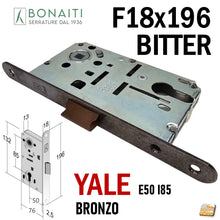 Load image into Gallery viewer, Serratura Porta Bonaiti B- Bitter T69 meccanica YALE eurocilindro scrocco centrale plastica Frontale 196x18mm F18x196 Entrata 5cm Interasse 85mm 48T69050M3 48T69050ME Bronzo Roto grezzo Bronzata