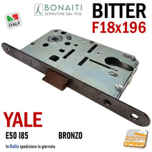 Load image into Gallery viewer, Serratura Porta Bonaiti B- Bitter T69 meccanica YALE eurocilindro scrocco centrale plastica Frontale 196x18mm F18x196 Entrata 50mm Interasse 85mm 48T69050M3 48T69050ME Bronzo Roto grezzo Bronzata