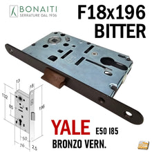 Load image into Gallery viewer, Serratura Porta Bonaiti B- Bitter T69 meccanica YALE eurocilindro scrocco centrale plastica Frontale 196x18mm F18x196 Entrata 5cm Interasse 85mm 48T69050+3 48T69050+E Bronzo Verniciato Bronzata Vern
