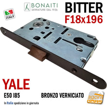 Load image into Gallery viewer, Serratura Porta Bonaiti B- Bitter T69 meccanica YALE eurocilindro scrocco centrale plastica Frontale 196x18mm F18x196 Entrata 50mm Interasse 85mm 48T69050+3 48T69050+E Bronzo Verniciato Bronzata Vern