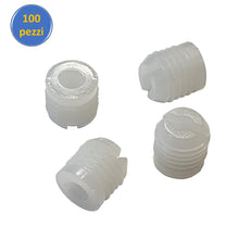 Carica l'immagine nel visualizzatore di Gallery, bussolina in plastica inserto con filetto interno perno nylon bussola teflon bianca da martellare nel foro del legno mdf per pannello anta antina mobili foro d10