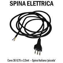 Load image into Gallery viewer, Cavo elettrico completo di spina piccola Spina con cavo Cavo elettrico 3G0,75 nero completo di spina italiana tripolare 10A "piccola" lunghezza 2,5mt per collegamenti elettrici 230V