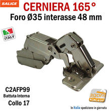 Carica l'immagine nel visualizzatore di Gallery, cerniera a molla per apertura ante a 180° per mobili cucina e armadi foro diametro 35 mm per 12mm profondità salice 165° battuta interna collo 17 C2AFP99