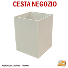 Load image into Gallery viewer, BANCARELLA CESTA 3LATI ESPOSITORE CESTONE PER NEGOZI CHIUSA ANTICADUTA SU MISURA E DECORABILE Cestone 3 lati alti decorati stampati UV con pubblicità negozio per esposizione abiti accessori minuteria centro negozio volendo con ruote